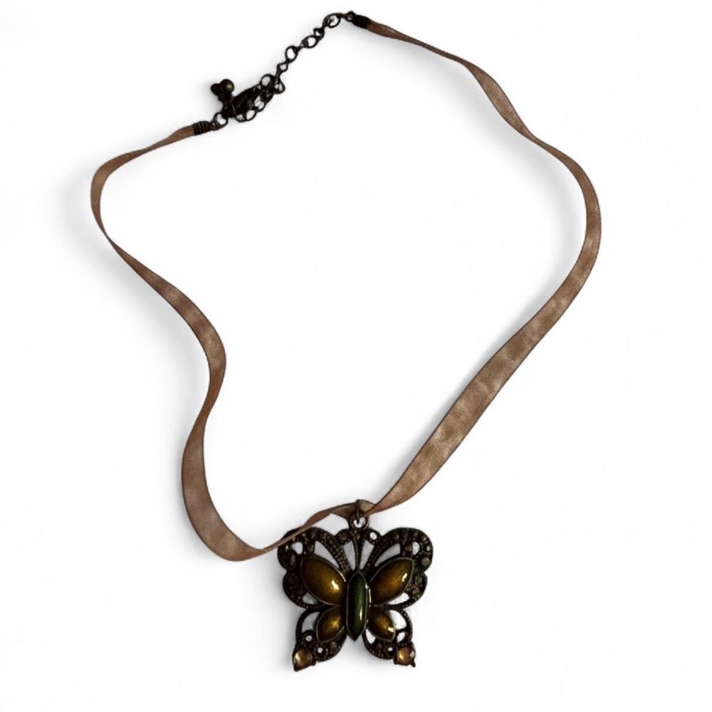 Vintage Style Butterfly Pendant Necklace | Ribbon Choker | Adjustable